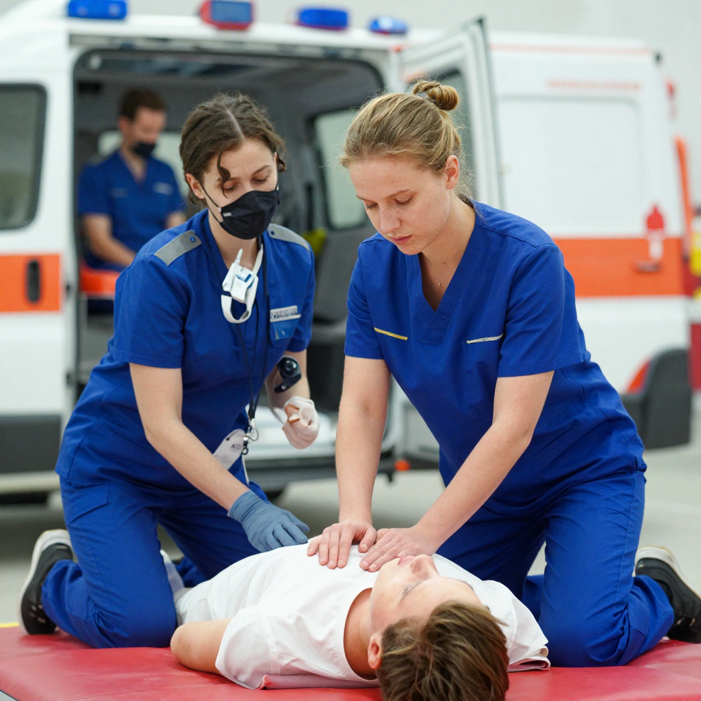 Rettungssanitäter in Ausbildung bei praktischer Übung mit RTW im Hintergrund